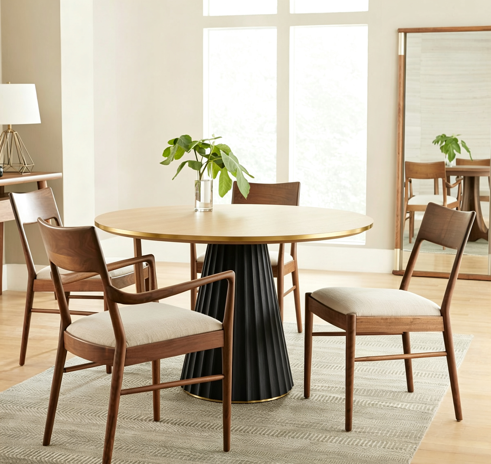 Tavolo da pranzo rotondo da 132 cm in legno massello per 4-6 persone con base affusolata scanalata, naturale