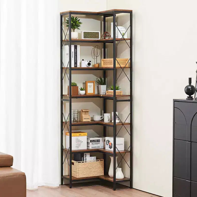 Scaffale angolare a 7 ripiani, libreria angolare alta 200 cm con struttura in metallo resistente e ripiani in legno, nero
