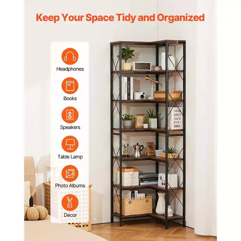 Scaffale angolare a 7 ripiani, libreria angolare alta 200 cm con struttura in metallo resistente e ripiani in legno, nero