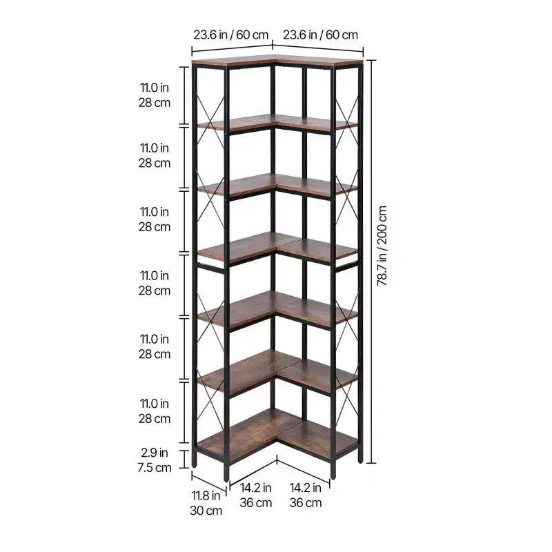 Scaffale angolare a 7 ripiani, libreria angolare alta 200 cm con struttura in metallo resistente e ripiani in legno, nero