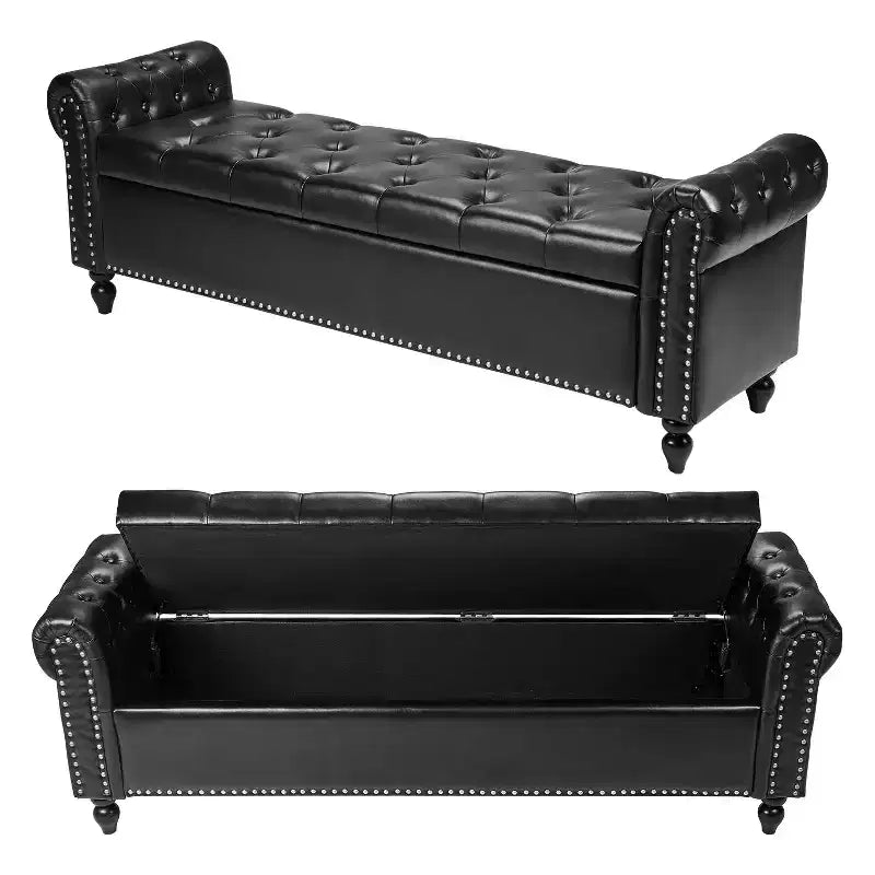 VEVOR Button-Tufted Storage Ottoman Bench, Rolled Arm PU Leather Bench with Solid Wood Legs, Upholstered End of Bed Benches, Black