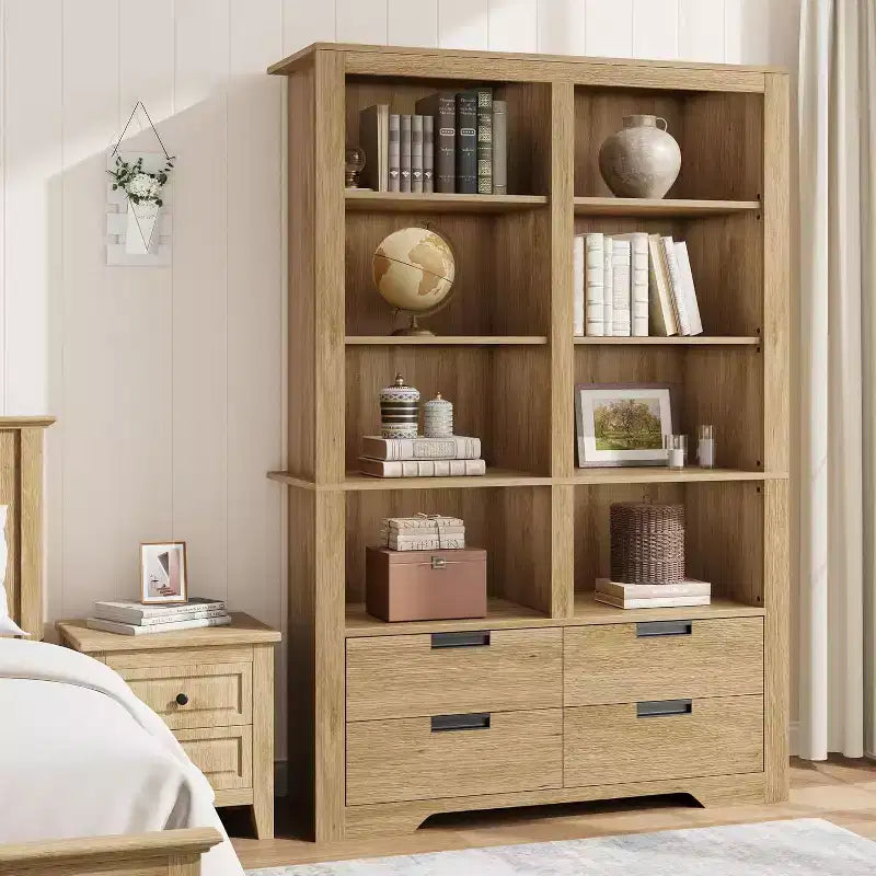 Libreria alta 72" con 4 cassetti, scaffale portaoggetti da terra in stile rustico per camera da letto, soggiorno, ufficio domestico