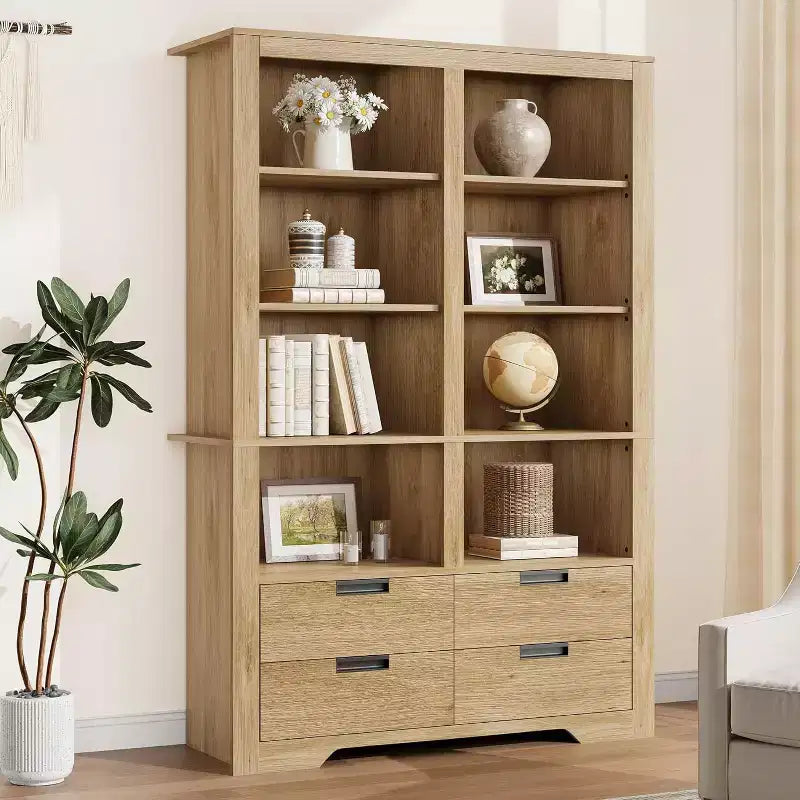 Libreria alta 72" con 4 cassetti, scaffale portaoggetti da terra in stile rustico per camera da letto, soggiorno, ufficio domestico