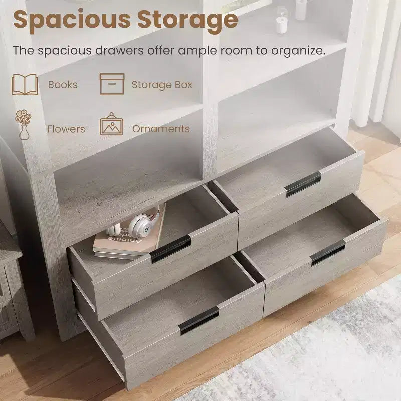 Libreria alta 72" con 4 cassetti, scaffale portaoggetti da terra in stile rustico per camera da letto, soggiorno, ufficio domestico