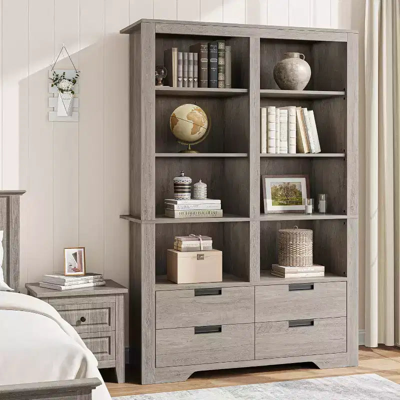 Libreria alta 72" con 4 cassetti, scaffale portaoggetti da terra in stile rustico per camera da letto, soggiorno, ufficio domestico