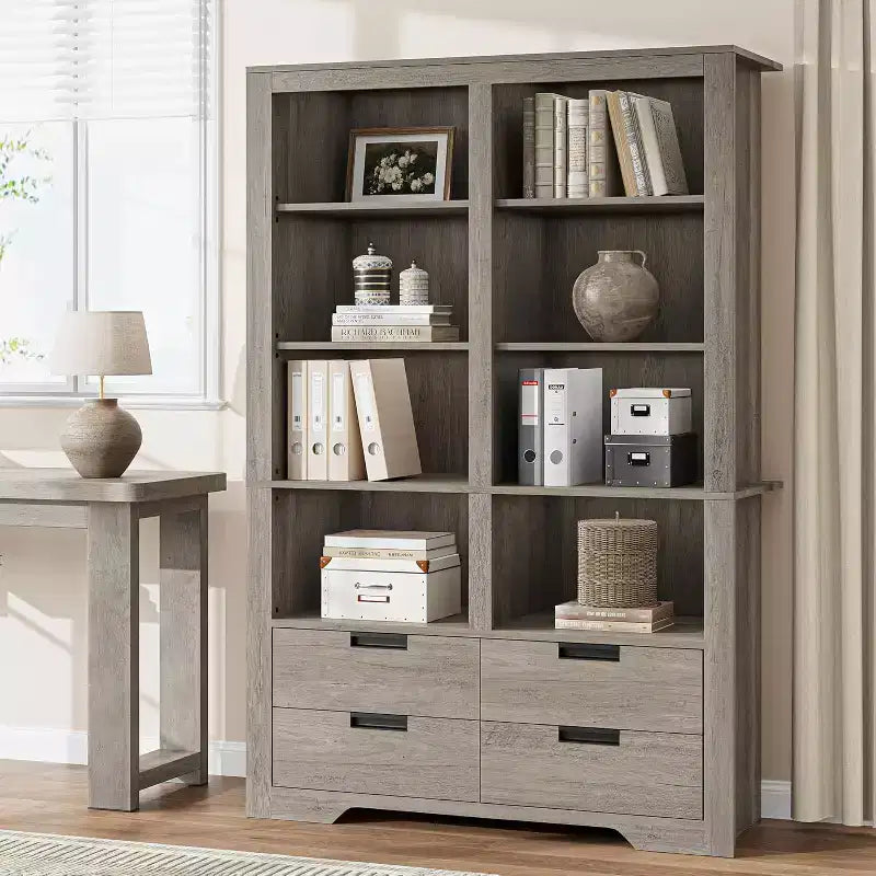 Libreria alta 72" con 4 cassetti, scaffale portaoggetti da terra in stile rustico per camera da letto, soggiorno, ufficio domestico