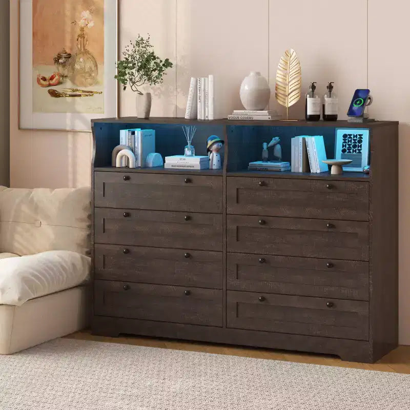 8-Drawer White Dresser with Charging Station & LED Lights, Wood Chest for Bedroom, Living Room, Hallway, Entryway