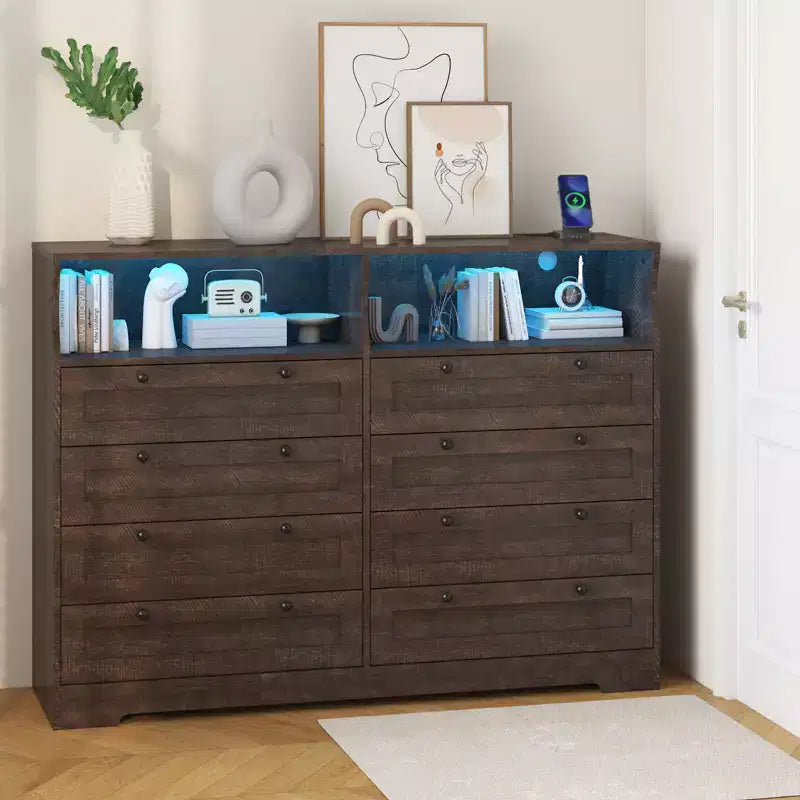 Cassettiera bianca a 8 cassetti con stazione di ricarica e luci LED, comò in legno per camera da letto, soggiorno, corridoio, ingresso