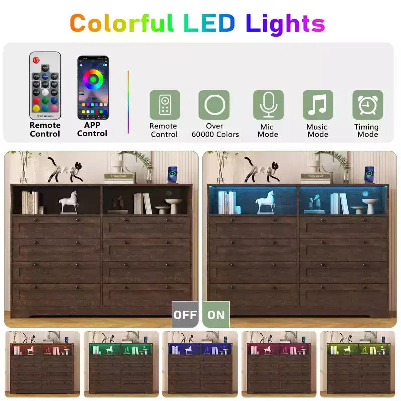 Cassettiera bianca a 8 cassetti con stazione di ricarica e luci LED, comò in legno per camera da letto, soggiorno, corridoio, ingresso