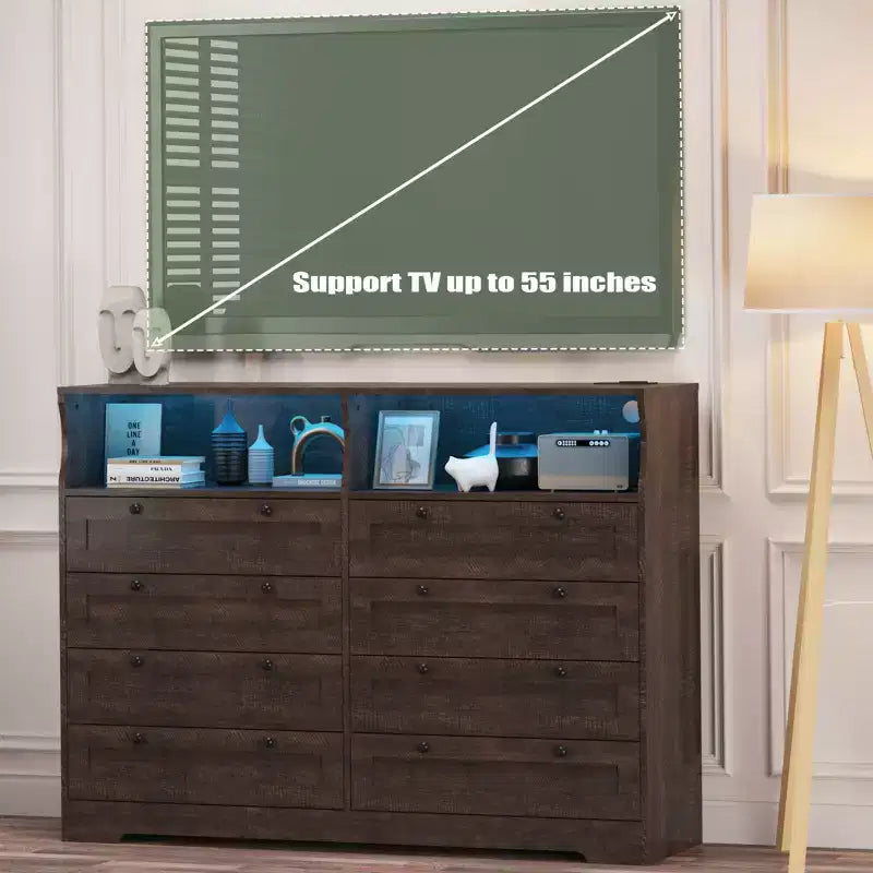 Cassettiera bianca a 8 cassetti con stazione di ricarica e luci LED, comò in legno per camera da letto, soggiorno, corridoio, ingresso