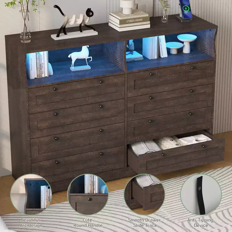 Cassettiera bianca a 8 cassetti con stazione di ricarica e luci LED, comò in legno per camera da letto, soggiorno, corridoio, ingresso