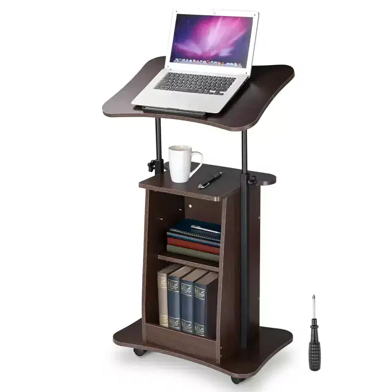 Yescom Wood Podium Stand with 4-360 Lockable Rolling Wheels Tilting Tabletop 33-46 Height Adjustable Shelves,Pulpits for Churches Brown, 23L x