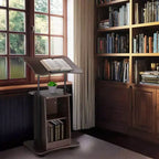 Pulpito in legno con 4 ruote girevoli bloccabili, piano inclinabile, altezza regolabile 84-117 cm, ripiano portaoggetti, marrone