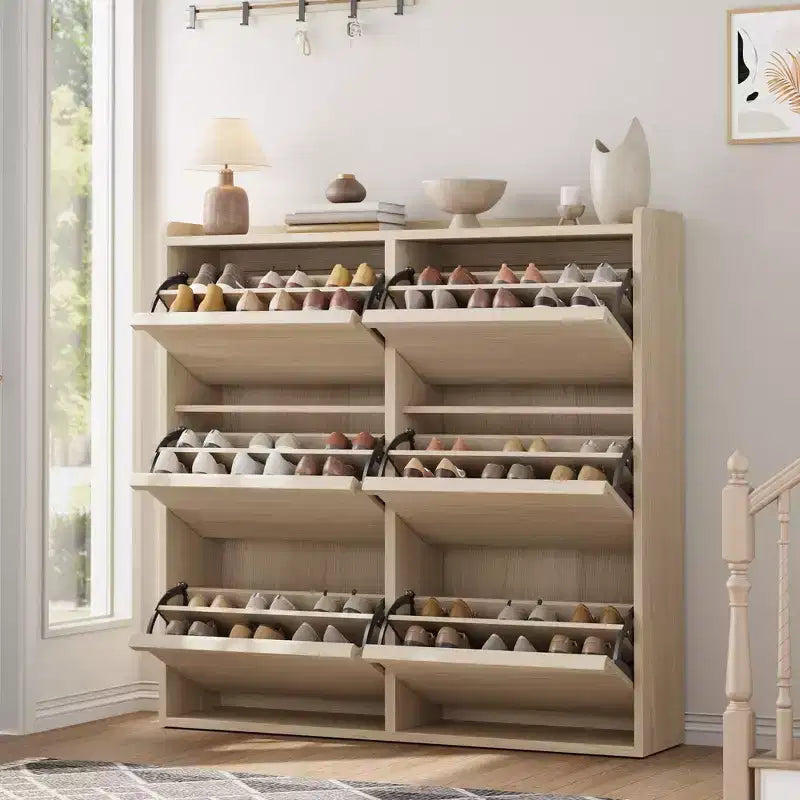 Scarpiera con 6 Cassetti a Ribalta, Organizzatore di Scarpe in Legno con Ripiano Regolabile, Porta Scarpe