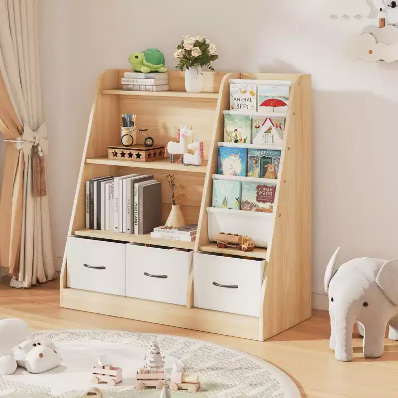 Organizzatore per cubi per libreria per bambini con contenitori in tessuto, scaffale frontale per libri, organizzatore in legno per sala giochi e cameretta