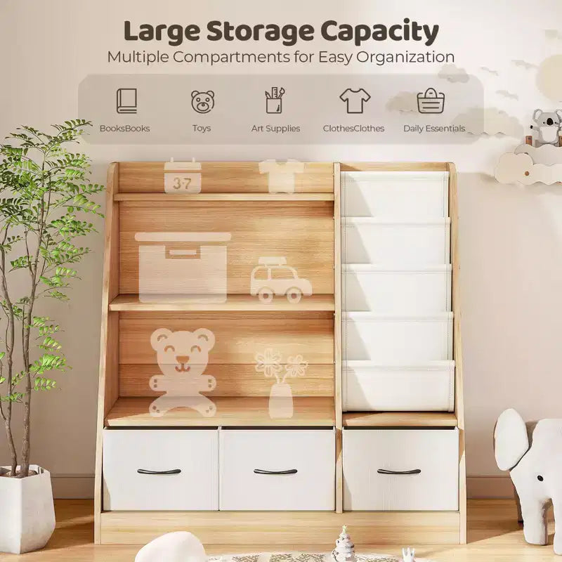 Organizzatore per cubi per libreria per bambini con contenitori in tessuto, scaffale frontale per libri, organizzatore in legno per sala giochi e cameretta