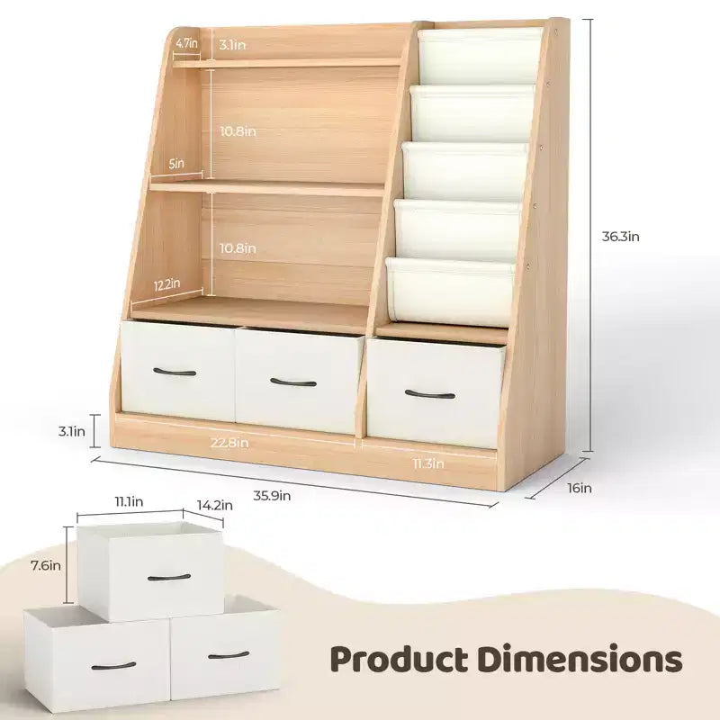 Organizzatore per cubi per libreria per bambini con contenitori in tessuto, scaffale frontale per libri, organizzatore in legno per sala giochi e cameretta