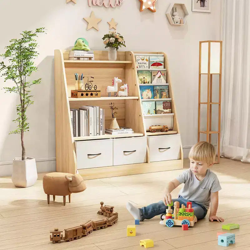 Organizzatore per cubi per libreria per bambini con contenitori in tessuto, scaffale frontale per libri, organizzatore in legno per sala giochi e cameretta