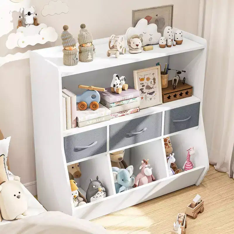 Organizzatore per cubi per libreria per bambini con contenitori in tessuto, scaffale frontale per libri, organizzatore in legno per sala giochi e cameretta