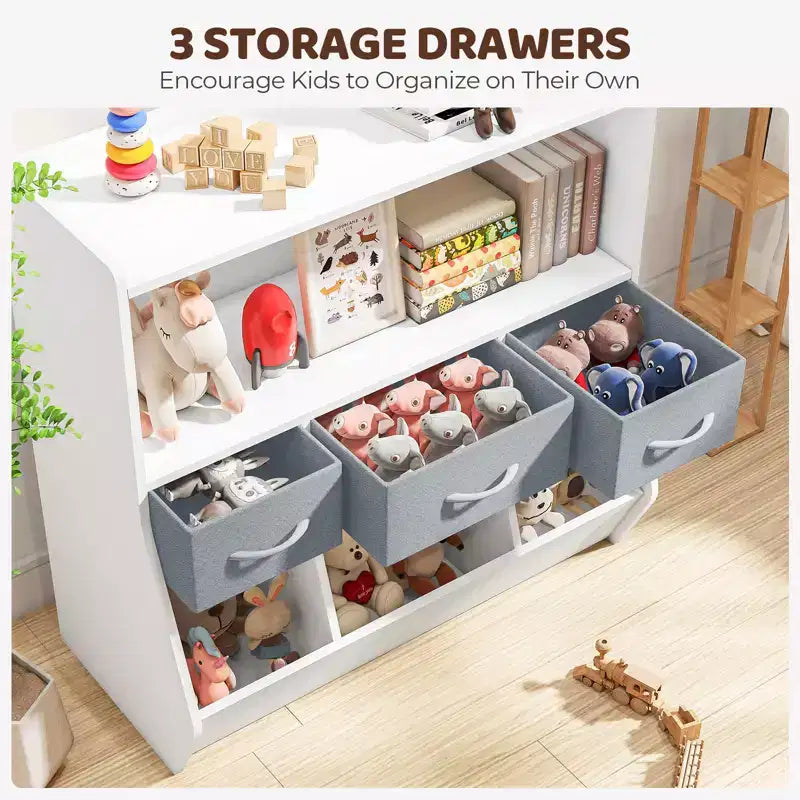 Organizzatore per cubi per libreria per bambini con contenitori in tessuto, scaffale frontale per libri, organizzatore in legno per sala giochi e cameretta