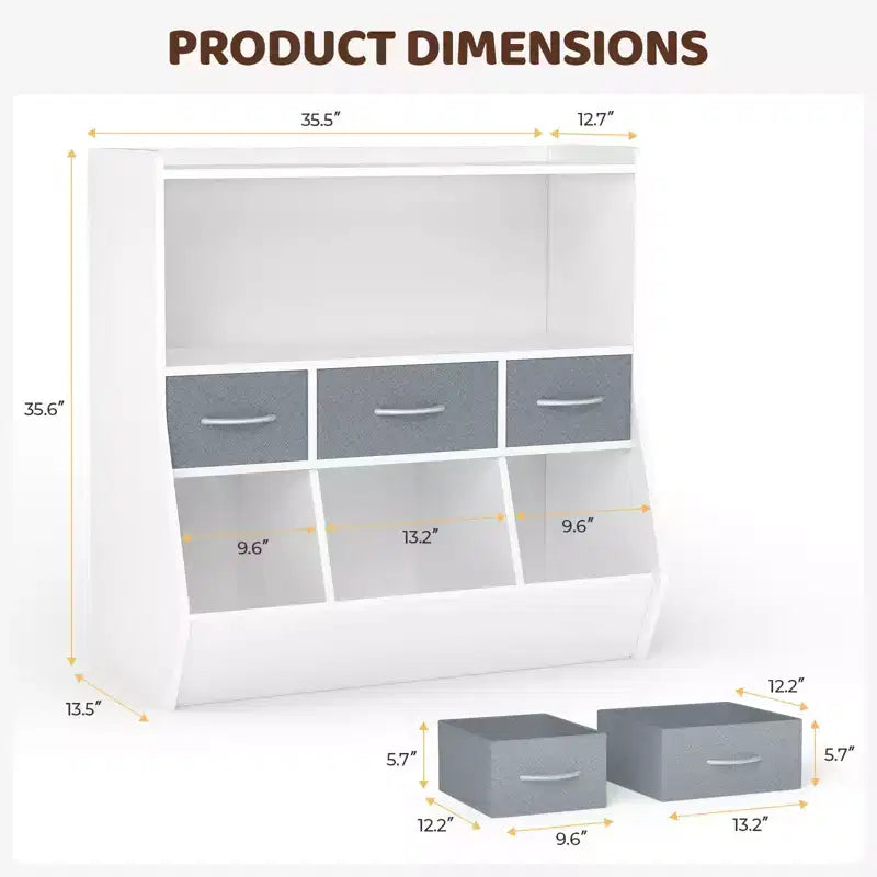 Organizzatore per cubi per libreria per bambini con contenitori in tessuto, scaffale frontale per libri, organizzatore in legno per sala giochi e cameretta