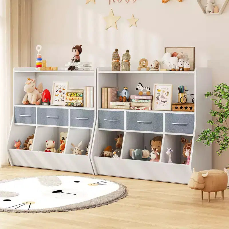 Organizzatore per cubi per libreria per bambini con contenitori in tessuto, scaffale frontale per libri, organizzatore in legno per sala giochi e cameretta