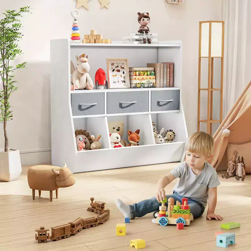 Organizzatore per cubi per libreria per bambini con contenitori in tessuto, scaffale frontale per libri, organizzatore in legno per sala giochi e cameretta
