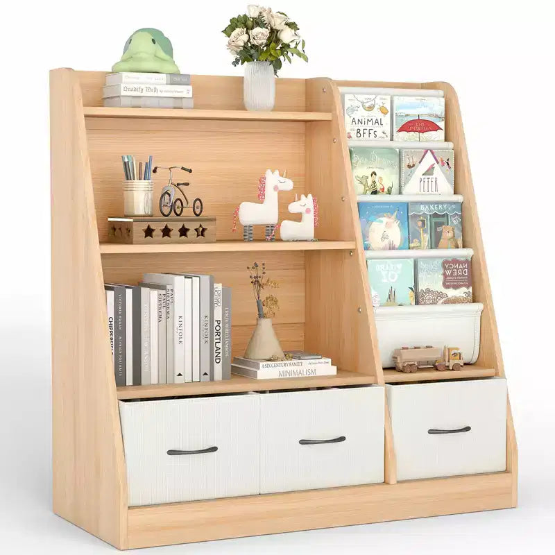 Organizzatore per cubi per libreria per bambini con contenitori in tessuto, scaffale frontale per libri, organizzatore in legno per sala giochi e cameretta