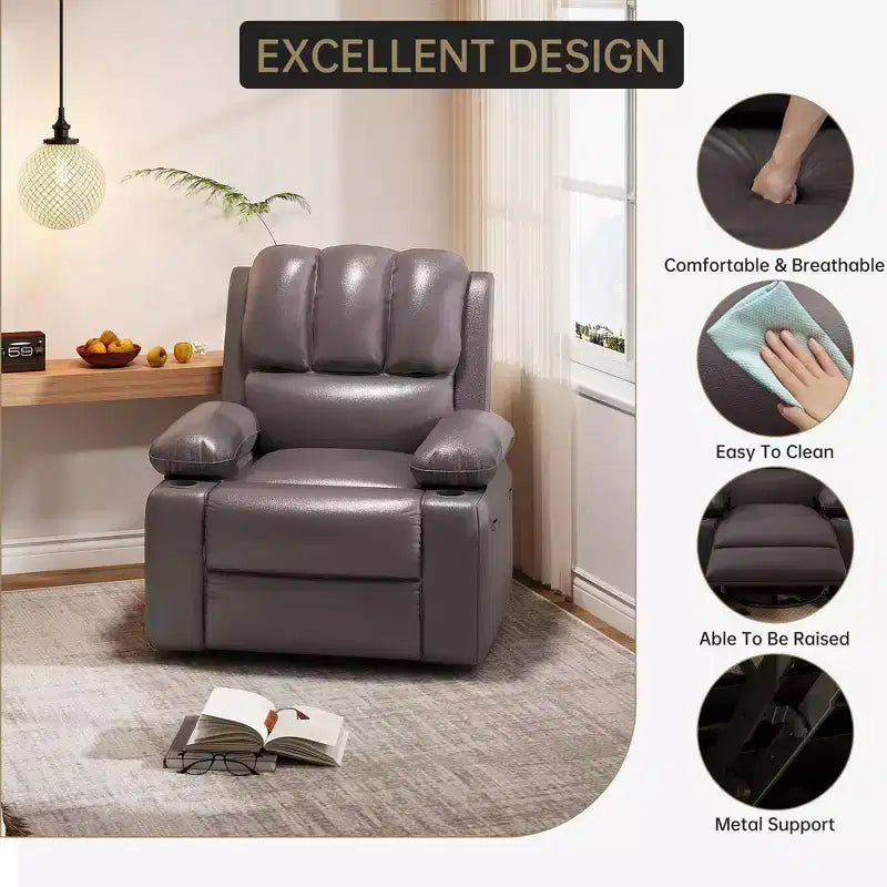 Poltrona reclinabile massaggiante, reclinabile girevole in pelle PU per soggiorno, cameretta o home theater, divano reclinabile ergonomico con portabicchieri