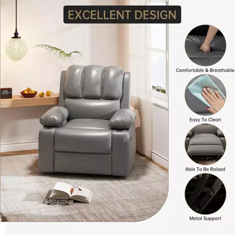 Poltrona reclinabile massaggiante, reclinabile girevole in pelle PU per soggiorno, cameretta o home theater, divano reclinabile ergonomico con portabicchieri