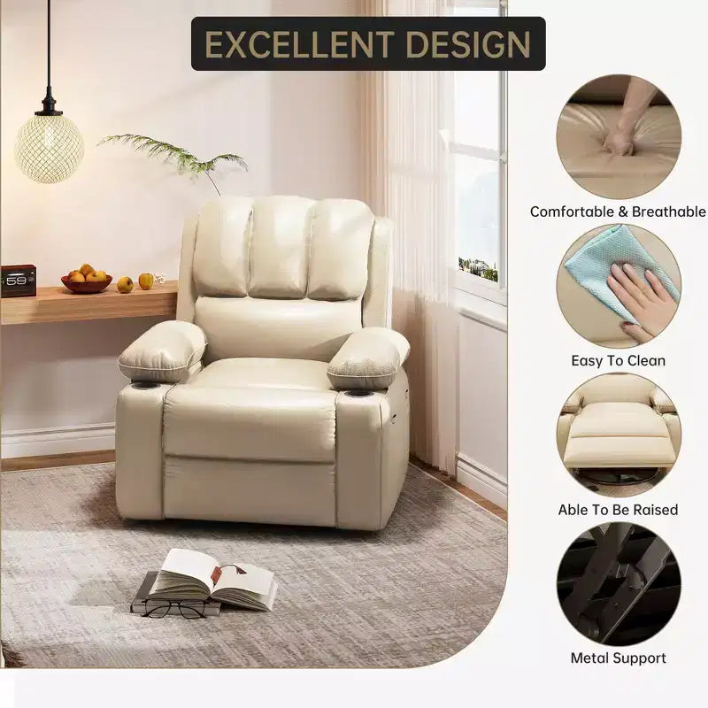 Poltrona reclinabile massaggiante, reclinabile girevole in pelle PU per soggiorno, cameretta o home theater, divano reclinabile ergonomico con portabicchieri