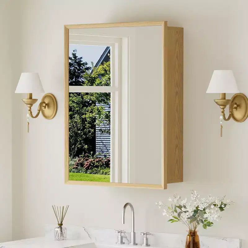 Pensile da Bagno con Specchio, Mobiletto in Legno di Rovere con Ripiani Regolabili per l'Organizzazione del Bagno