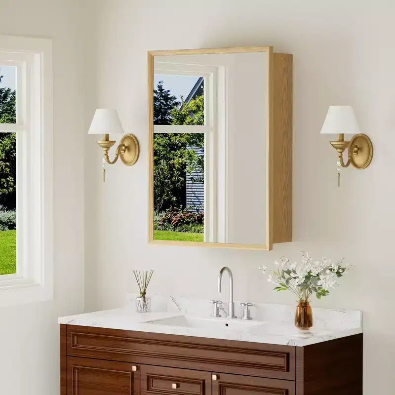 Bathroom Wall Cabinet with Mirror,Oak Wooden Storage Cabinet with Adjustable Shelves for Bathroom Organization