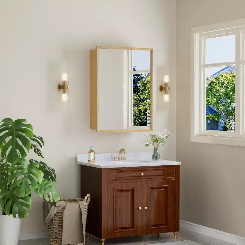 Pensile da Bagno con Specchio, Mobiletto in Legno di Rovere con Ripiani Regolabili per l'Organizzazione del Bagno