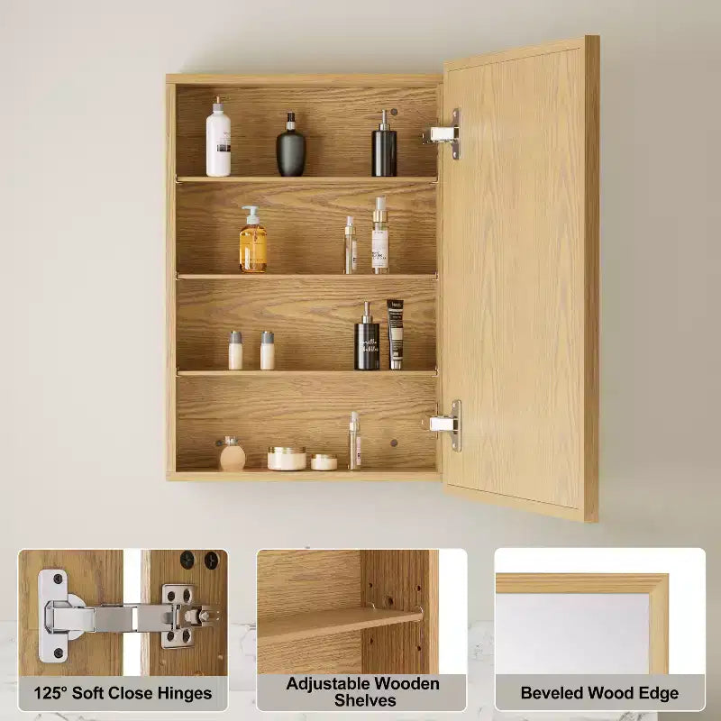 Pensile da Bagno con Specchio, Mobiletto in Legno di Rovere con Ripiani Regolabili per l'Organizzazione del Bagno