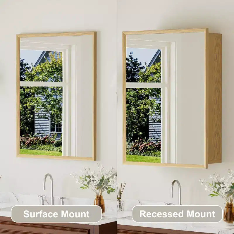 Pensile da Bagno con Specchio, Mobiletto in Legno di Rovere con Ripiani Regolabili per l'Organizzazione del Bagno