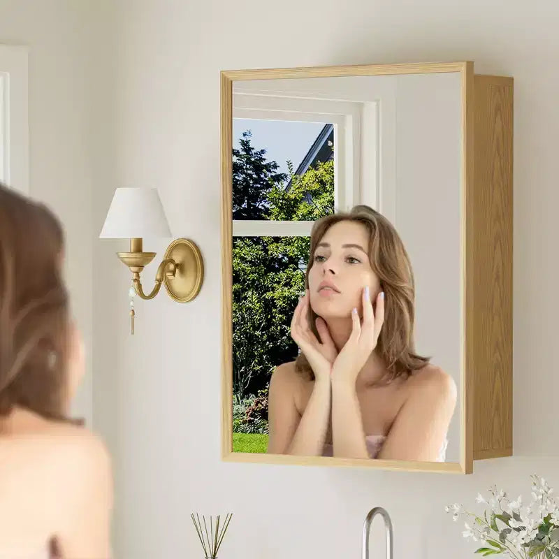 Pensile da Bagno con Specchio, Mobiletto in Legno di Rovere con Ripiani Regolabili per l'Organizzazione del Bagno