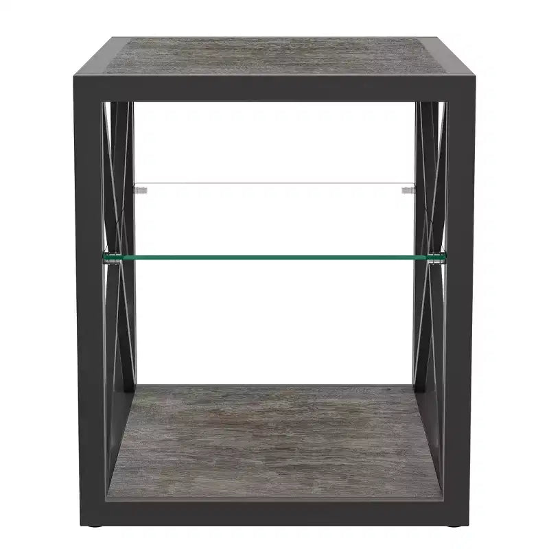 Tavolino Laterale Industriale Moderno - Piano in Vetro Temperato e Legno MDF Naturale con Struttura in Metallo per Camera da Letto e Soggiorno