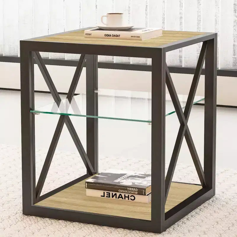 Tavolino Laterale Industriale Moderno - Piano in Vetro Temperato e Legno MDF Naturale con Struttura in Metallo per Camera da Letto e Soggiorno