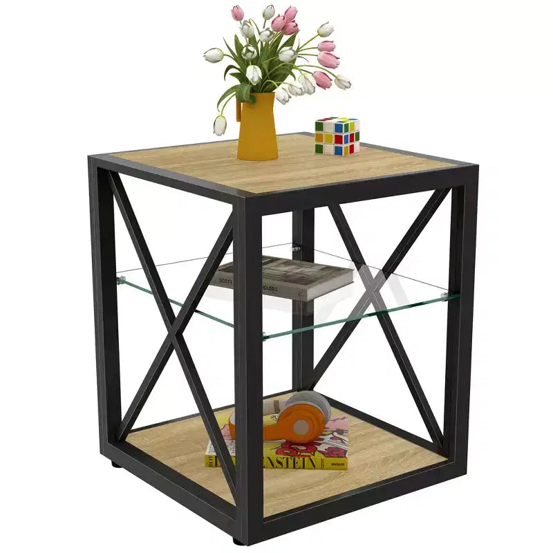 Tavolino Laterale Industriale Moderno - Piano in Vetro Temperato e Legno MDF Naturale con Struttura in Metallo per Camera da Letto e Soggiorno