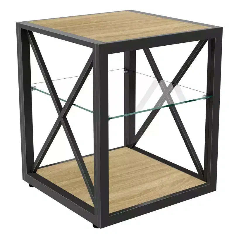 Tavolino Laterale Industriale Moderno - Piano in Vetro Temperato e Legno MDF Naturale con Struttura in Metallo per Camera da Letto e Soggiorno