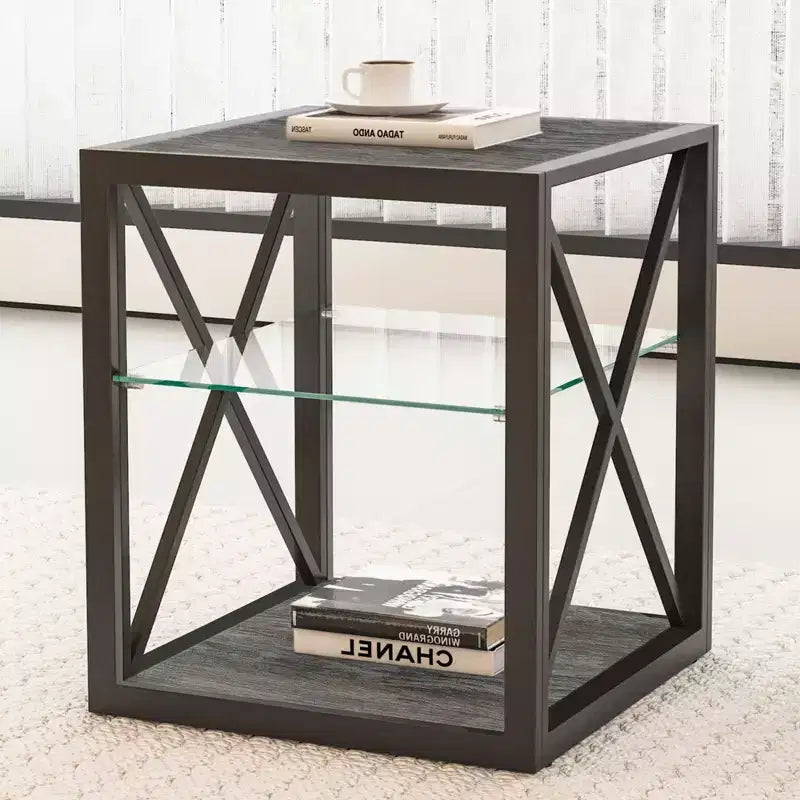 Tavolino Laterale Industriale Moderno - Piano in Vetro Temperato e Legno MDF Naturale con Struttura in Metallo per Camera da Letto e Soggiorno