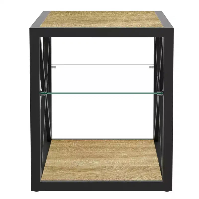Tavolino Laterale Industriale Moderno - Piano in Vetro Temperato e Legno MDF Naturale con Struttura in Metallo per Camera da Letto e Soggiorno