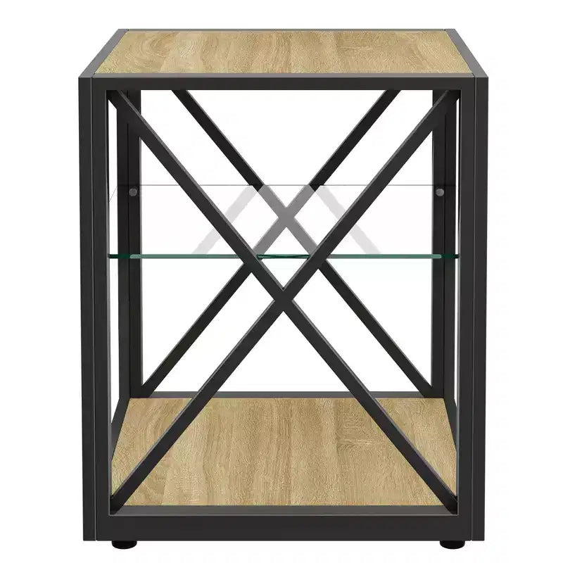 Tavolino Laterale Industriale Moderno - Piano in Vetro Temperato e Legno MDF Naturale con Struttura in Metallo per Camera da Letto e Soggiorno