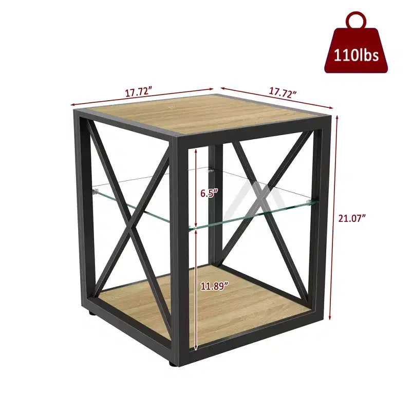 Tavolino Laterale Industriale Moderno - Piano in Vetro Temperato e Legno MDF Naturale con Struttura in Metallo per Camera da Letto e Soggiorno