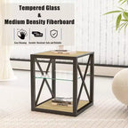 Tavolino Laterale Industriale Moderno - Piano in Vetro Temperato e Legno MDF Naturale con Struttura in Metallo per Camera da Letto e Soggiorno