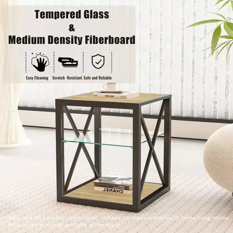 Tavolino Laterale Industriale Moderno - Piano in Vetro Temperato e Legno MDF Naturale con Struttura in Metallo per Camera da Letto e Soggiorno