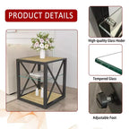 Tavolino Laterale Industriale Moderno - Piano in Vetro Temperato e Legno MDF Naturale con Struttura in Metallo per Camera da Letto e Soggiorno