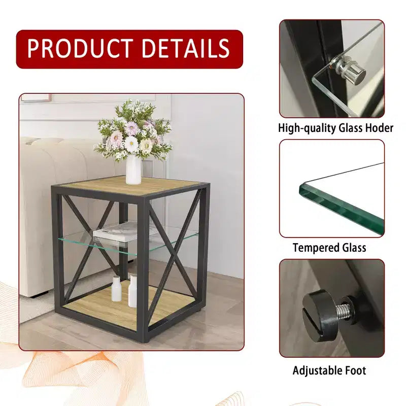 Tavolino Laterale Industriale Moderno - Piano in Vetro Temperato e Legno MDF Naturale con Struttura in Metallo per Camera da Letto e Soggiorno