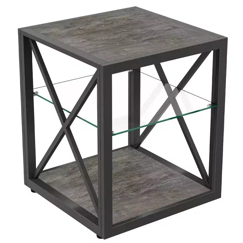 Tavolino Laterale Industriale Moderno - Piano in Vetro Temperato e Legno MDF Naturale con Struttura in Metallo per Camera da Letto e Soggiorno